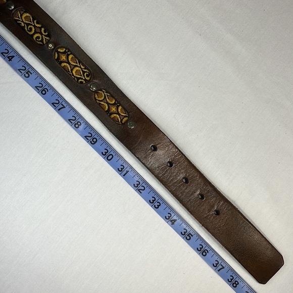 VTG Chunky Leather Studded Jacquard Belt, Wide Unisex Bohemian Tapestry Moto - Picture 11 of 12